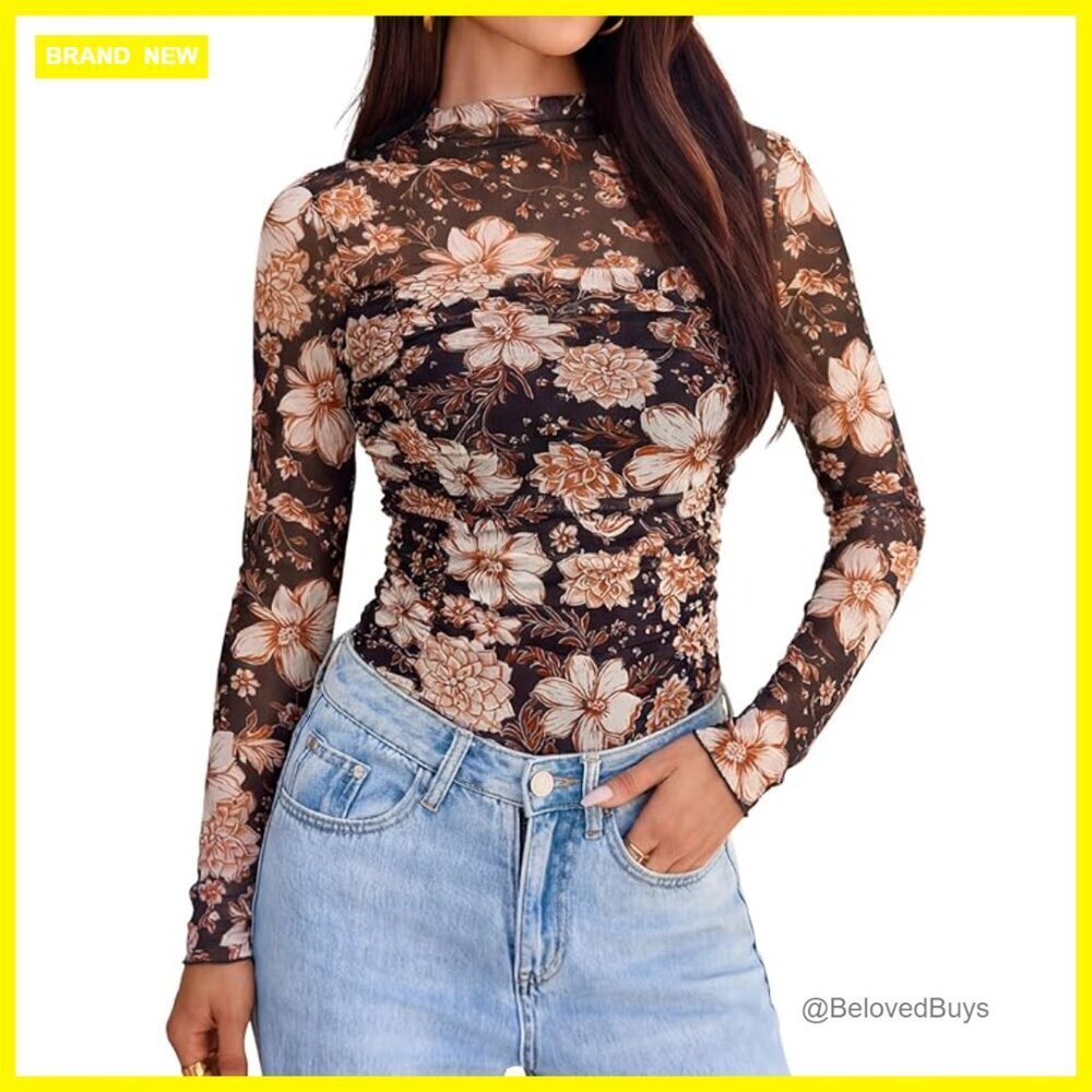 Long Sleeve Mesh Mock Neck Blouse Floral Ruched Y2K Top